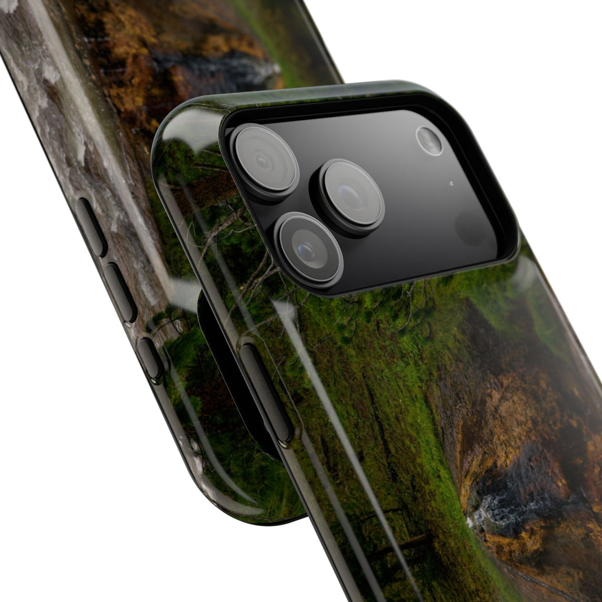 Angled view of phone case featuring Chocolate Pot Hot Spring in Yellowstone National Park, showing the case design wrapping around the edges.