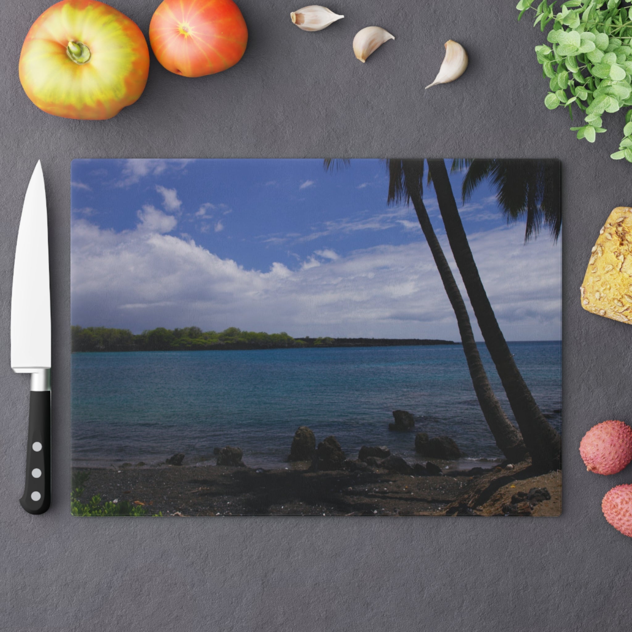 Tempered Glass Cutting Board | Big Island Black Sand and Blue Ocean | Hawaii | My Blu Horizon