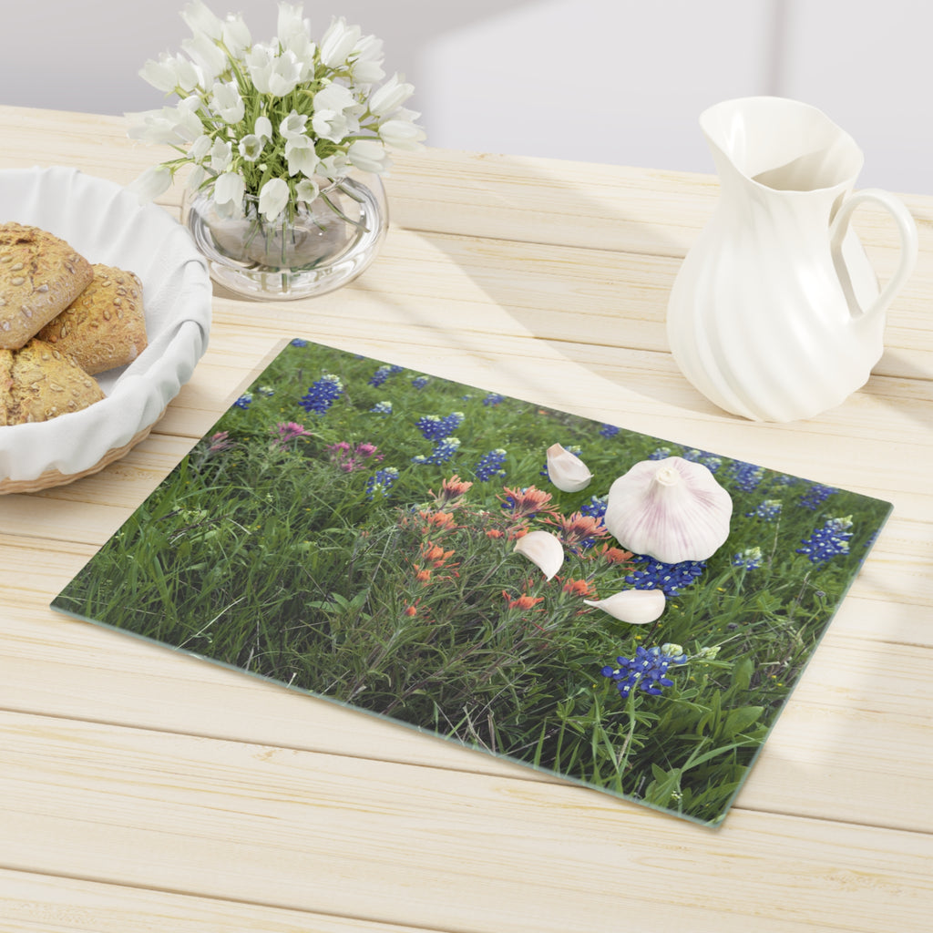 Tempered Glass Cutting Board - Texas Icons Bluebonnets and Paintbrushes - My Blu Horizon