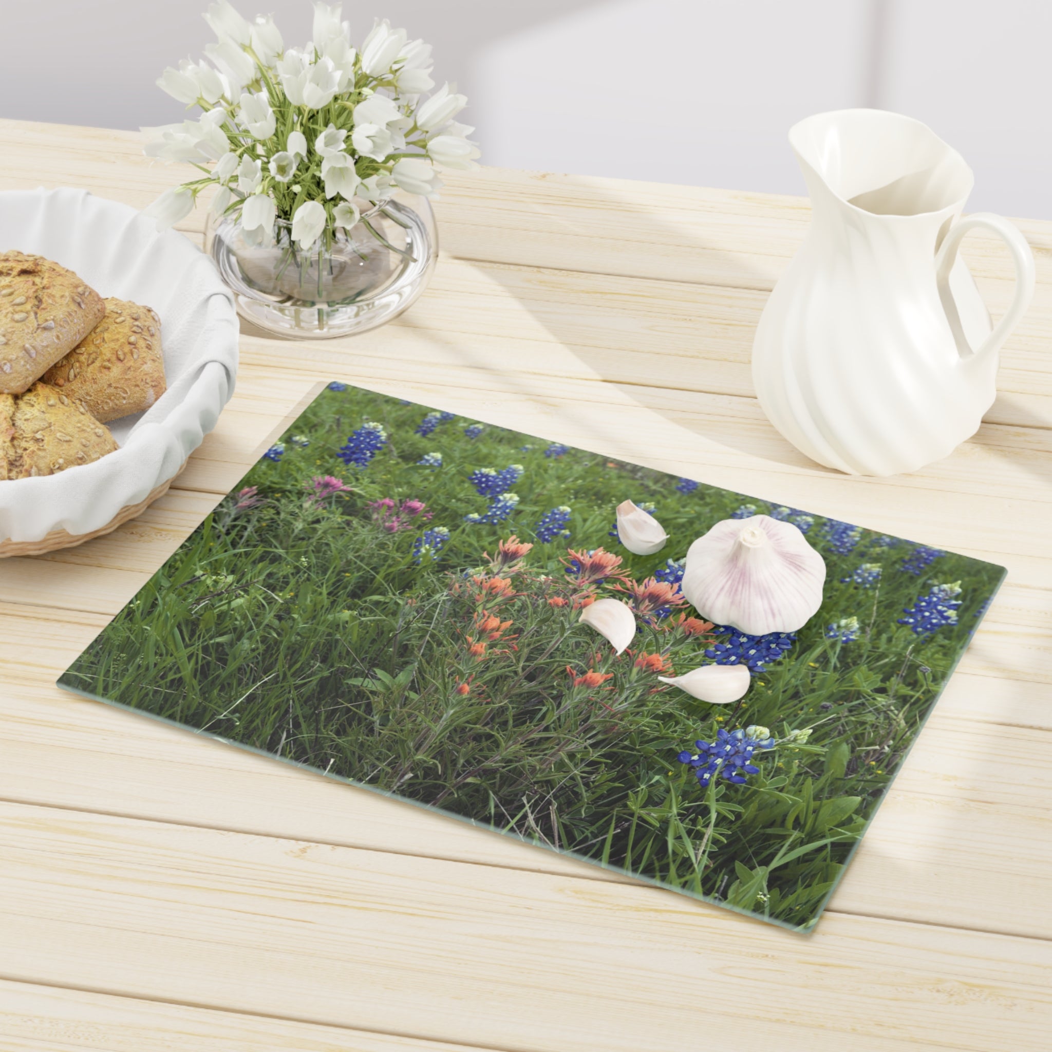 Tempered Glass Cutting Board - Texas Icons Bluebonnets and Paintbrushes - My Blu Horizon