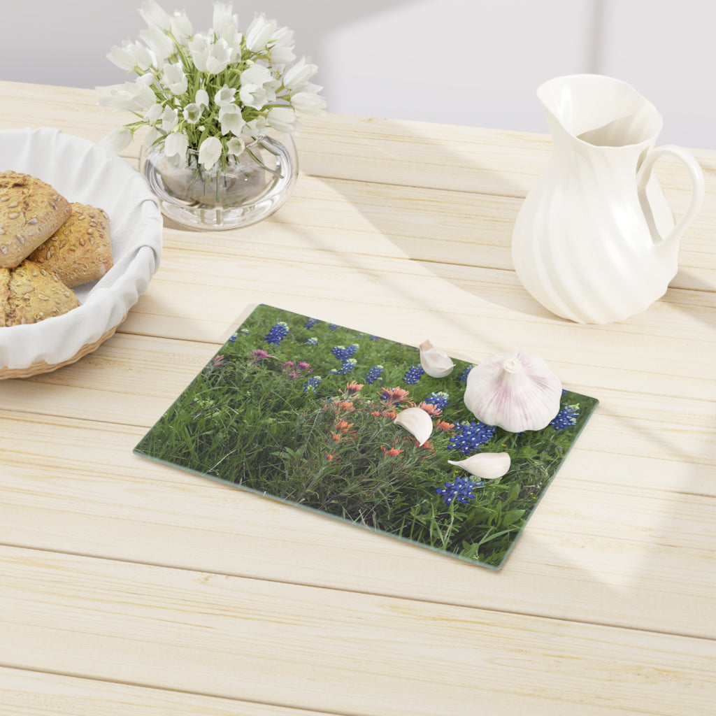Tempered Glass Cutting Board - Texas Icons Bluebonnets and Paintbrushes - My Blu Horizon