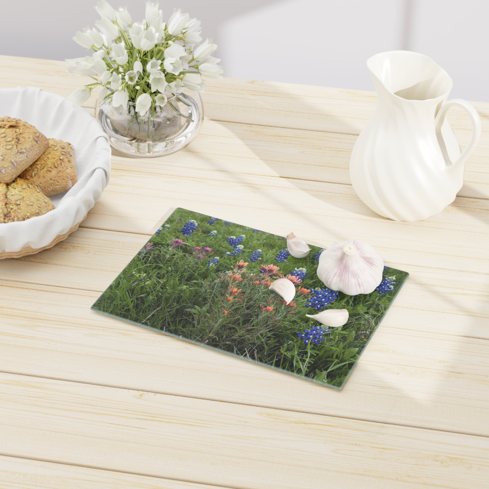 Tempered Glass Cutting Board - Texas Icons Bluebonnets and Paintbrushes - My Blu Horizon