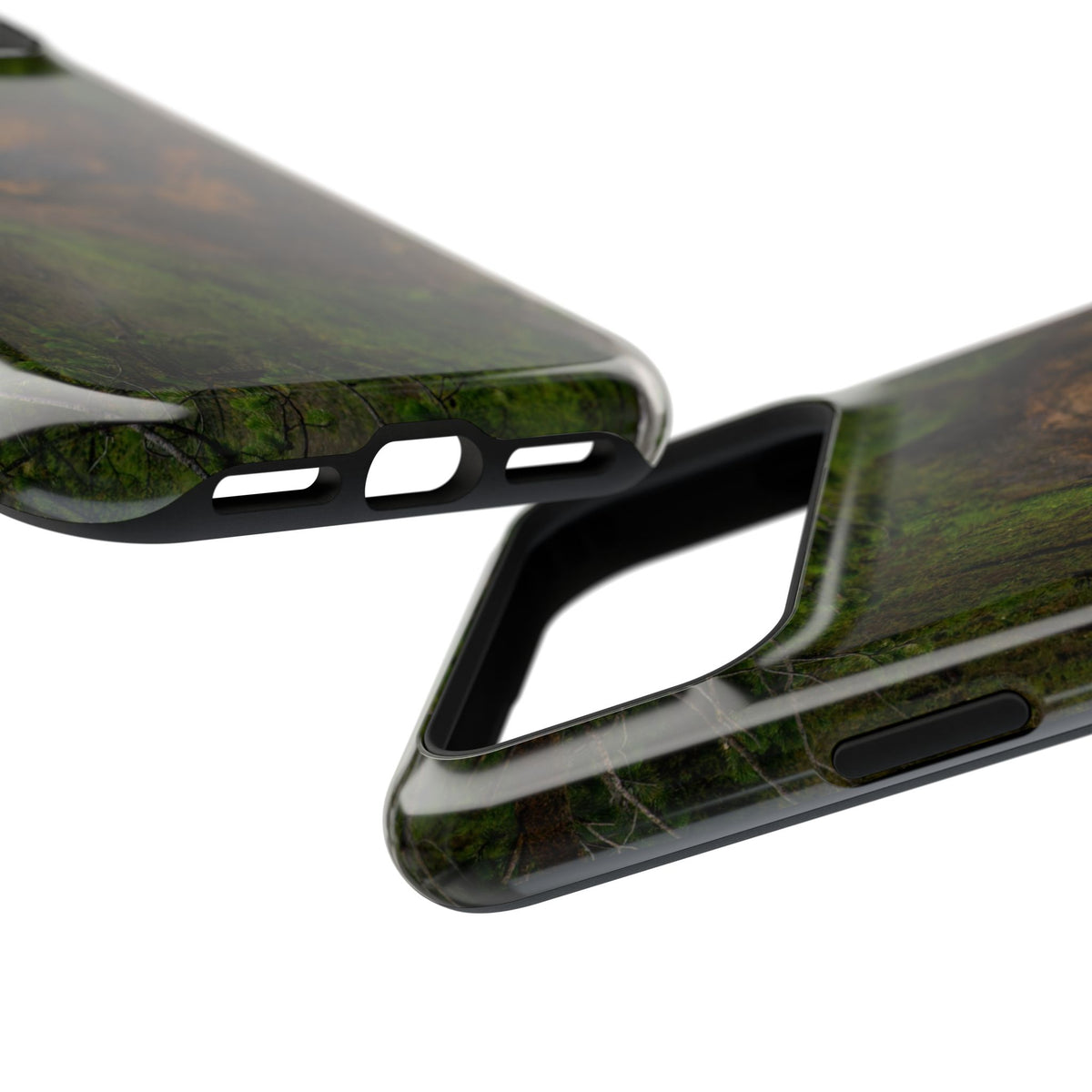 Open phone case interior showing protective black lining and side profile of the Chocolate Pot Hot Spring Yellowstone phone case.