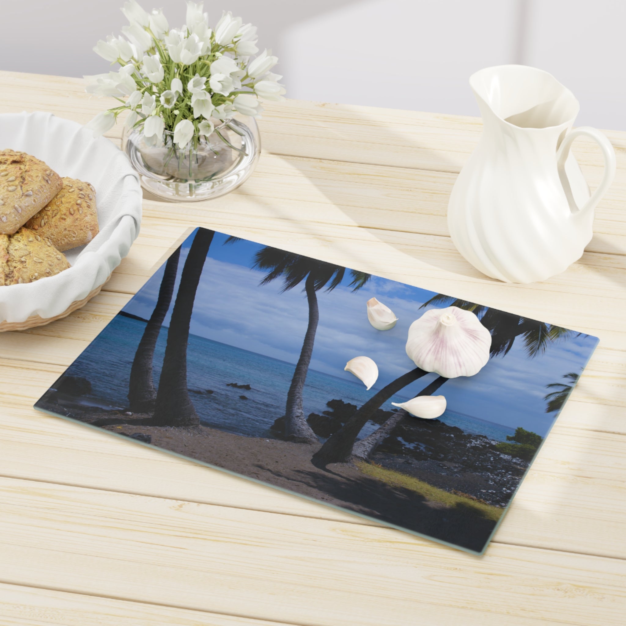 Tempered Glass Cutting Board - Hawaiian Beach and Palm Trees - My Blu Horizon