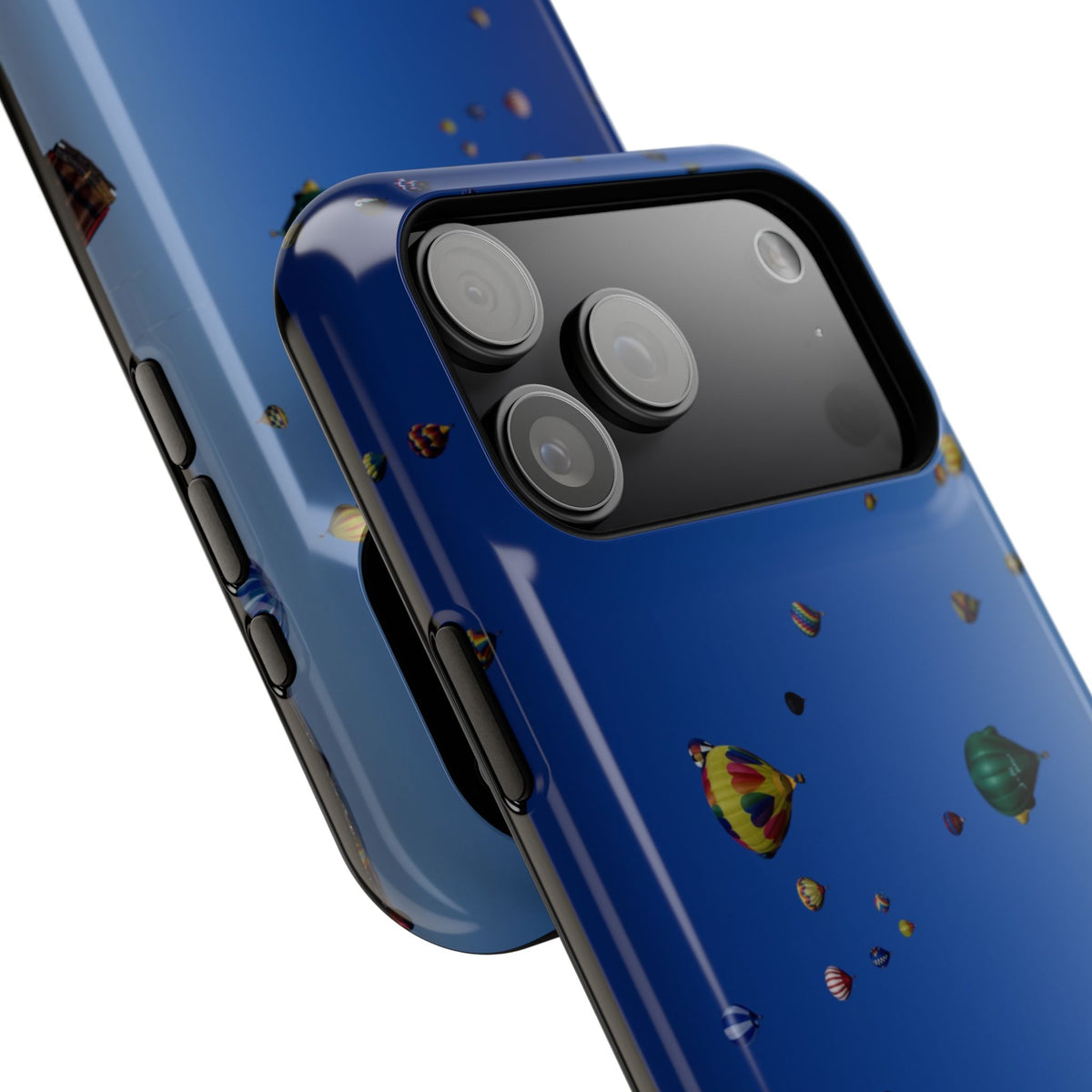 Angled rear view of protective dual-layer phone case featuring colorful hot air balloons from the Albuquerque Balloon Fiesta.