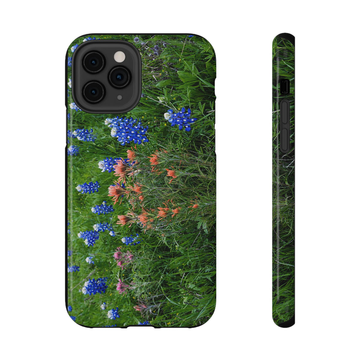 My Blu Horizon smartphone case featuring a colorful Texas wildflower landscape with bluebonnets and Indian paintbrush flowers.