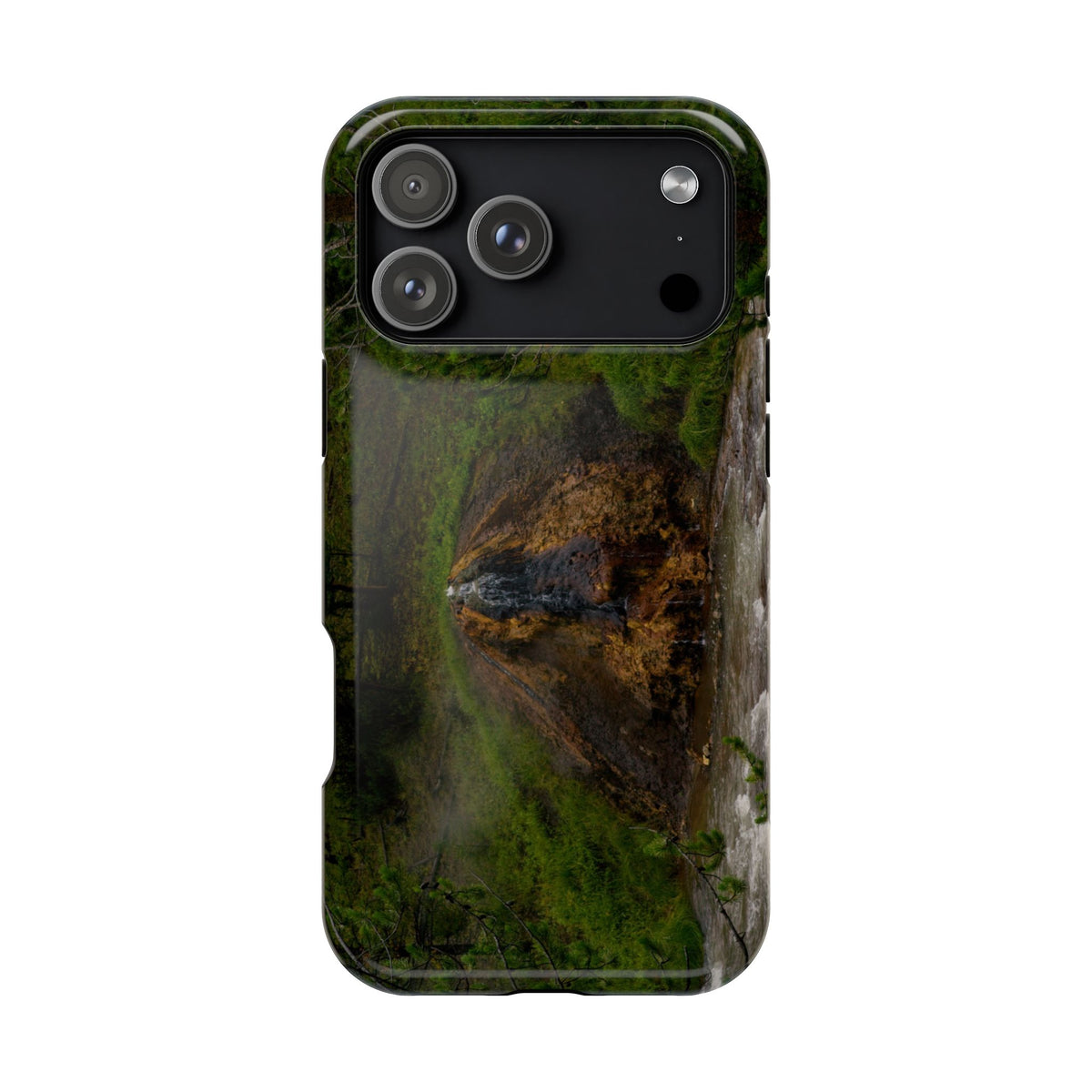 Phone case featuring Chocolate Pot Hot Spring in Yellowstone National Park, with colorful mineral deposits and flowing water, original photography by My Blu Horizon.