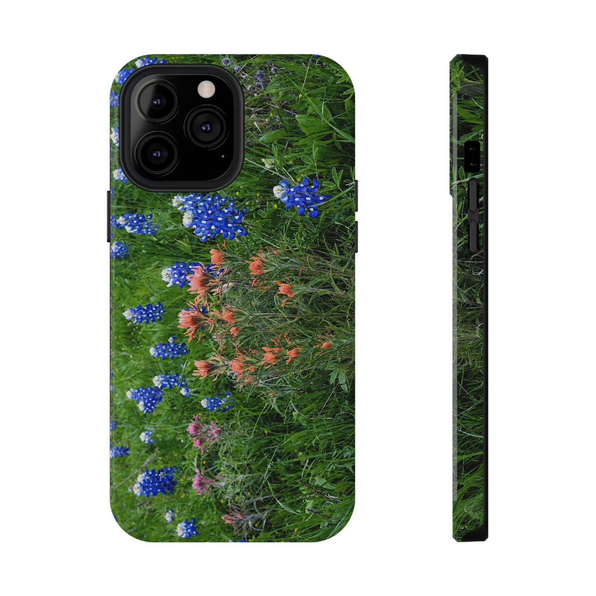 Texas bluebonnet phone case featuring an original nature photograph of spring wildflowers with contrasting blue, red, and green colors.