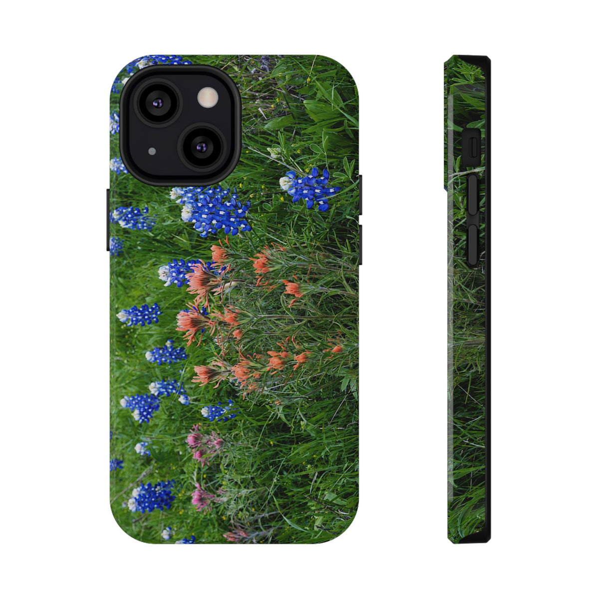 Phone case featuring colorful Texas bluebonnets and Indian paintbrush wildflowers, captured in an original springtime nature photograph.