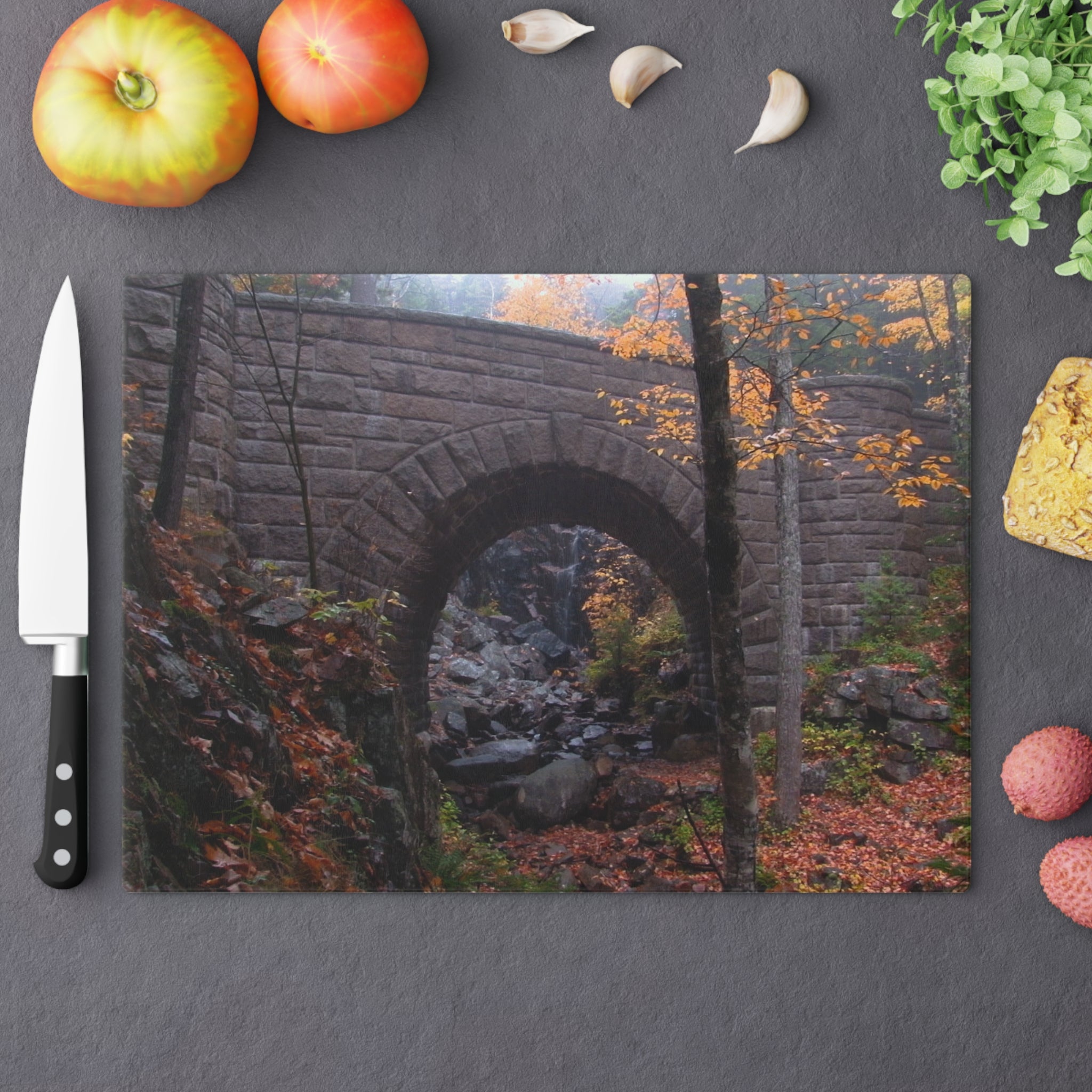 Tempered Glass Cutting Board - Waterfall Bridge, Acadia National Park - My Blu Horizon