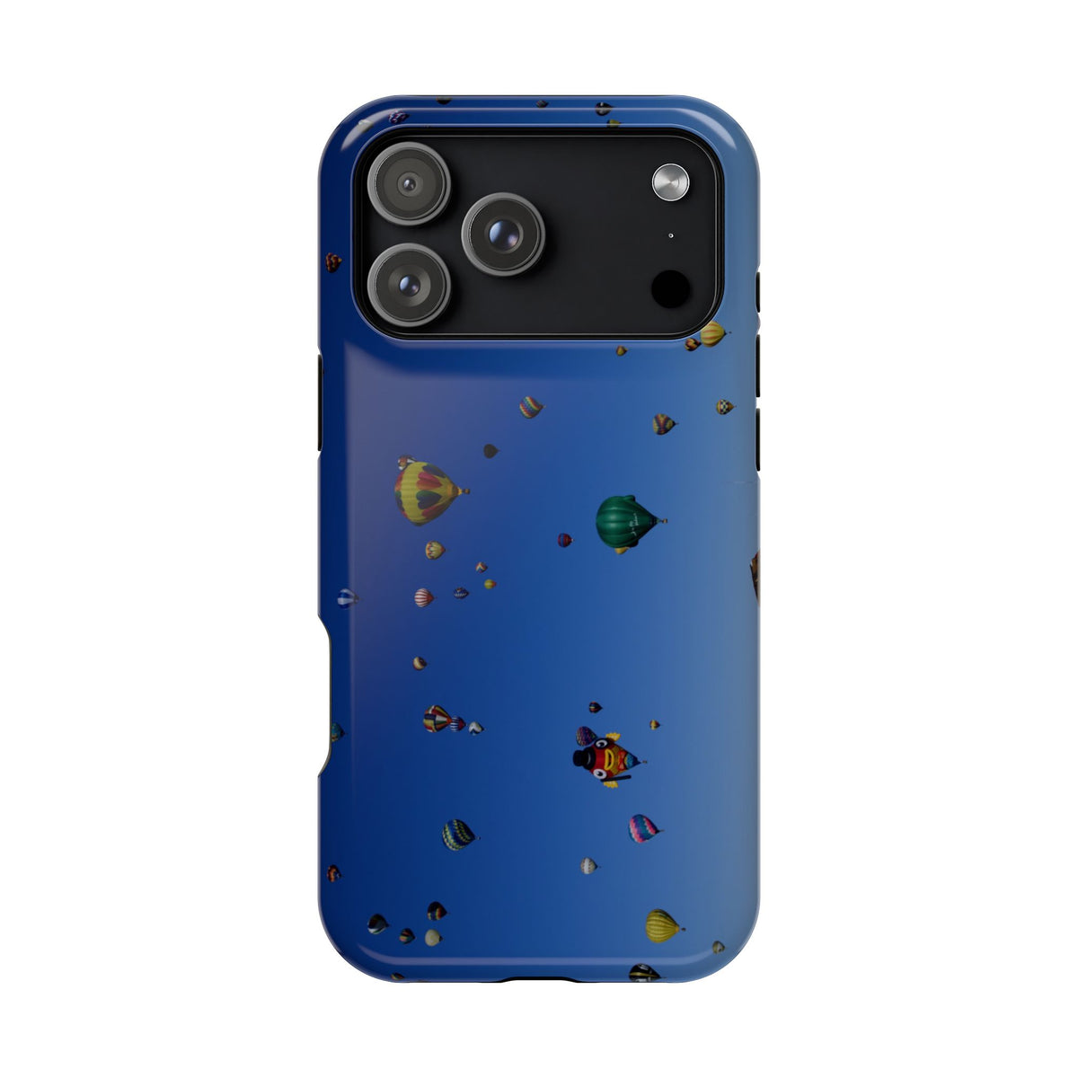 Dual-layer TPU and polycarbonate phone case featuring colorful hot air balloons against a brilliant blue Albuquerque sky.