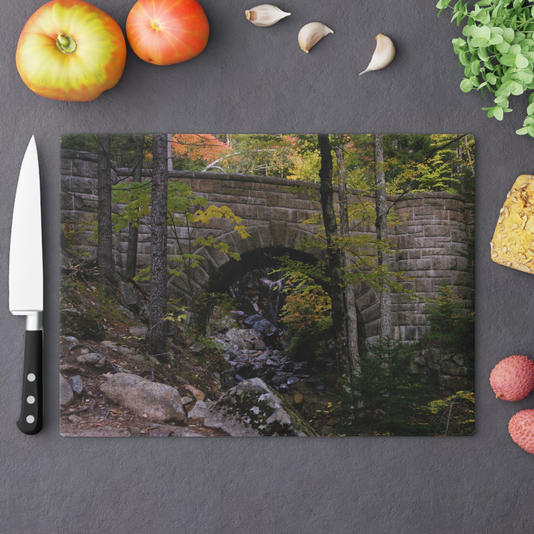 Tempered Glass Cutting Board - Waterfall Bridge, Acadia National Park - My Blu Horizon
