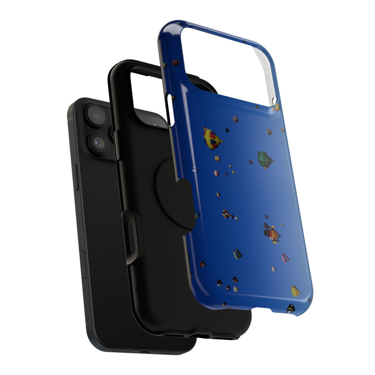 Exploded view of dual-layer TPU and polycarbonate phone case featuring original Albuquerque Balloon Fiesta photography.