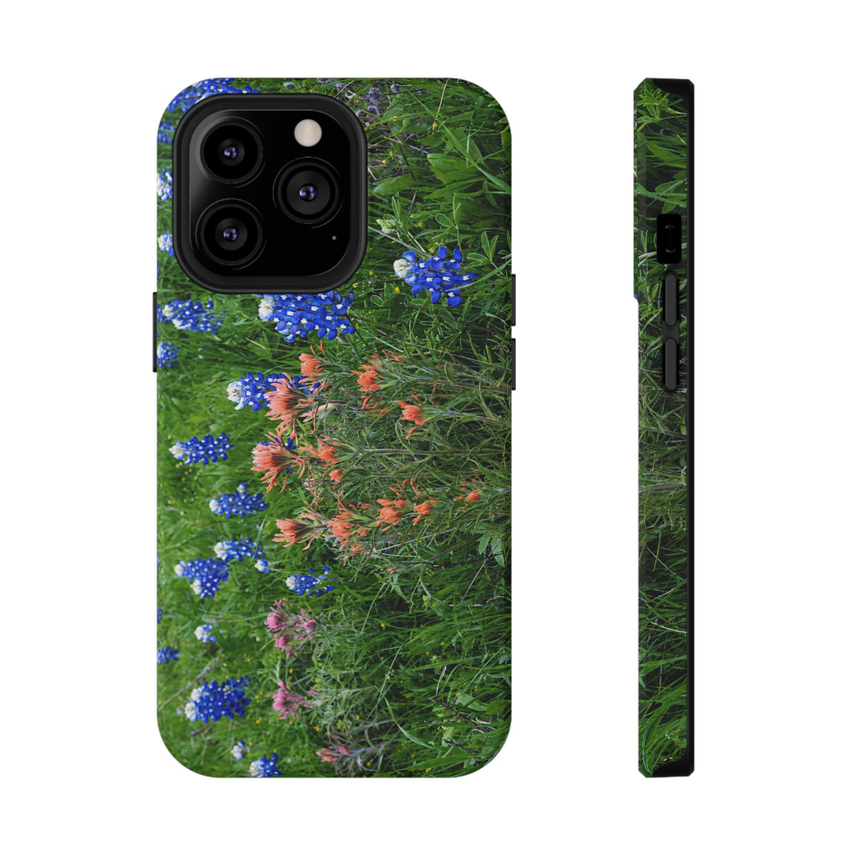 Floral phone case featuring vibrant bluebonnets and red-orange Indian paintbrushes growing together in a colorful Texas wildflower meadow.