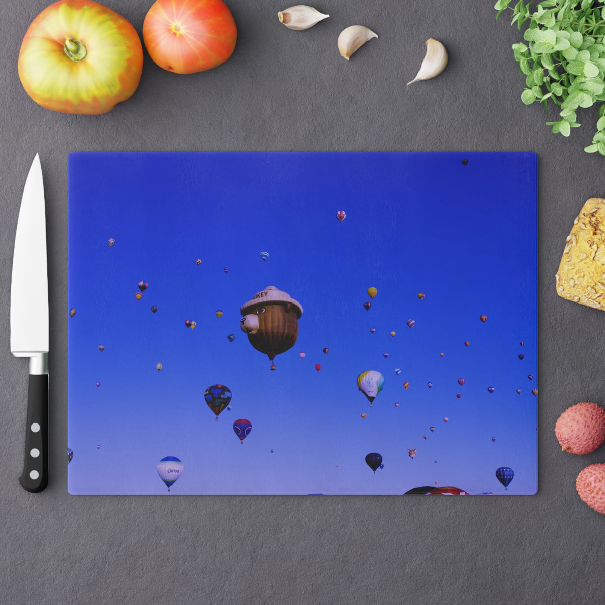 Tempered Glass Cutting Board | Balloon Fiesta, Smokey | Albuquerque, New Mexico | My Blu Horizon