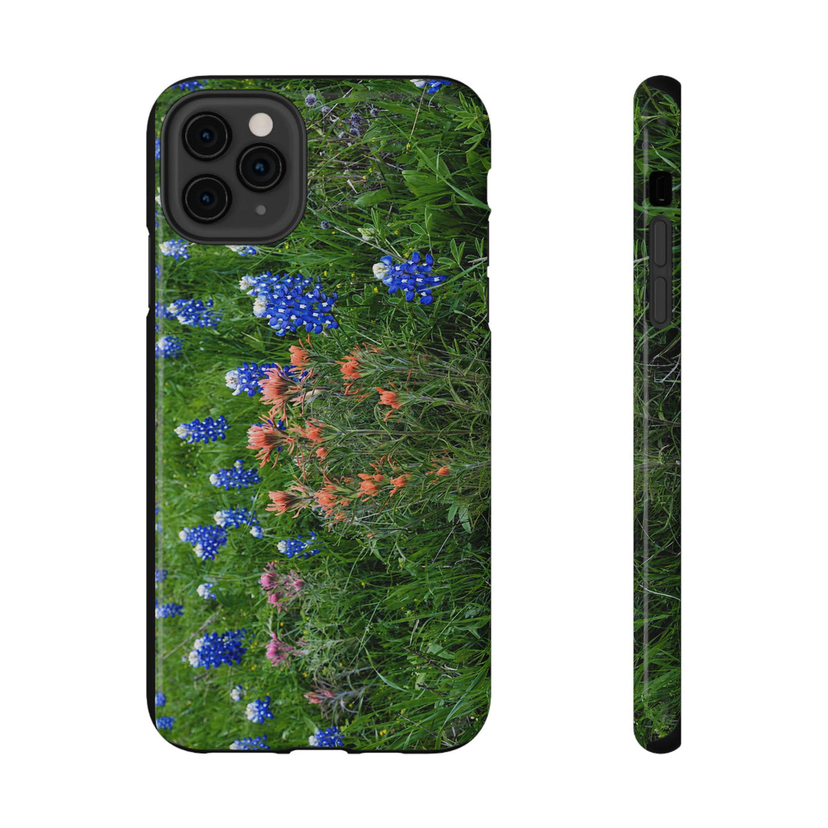 Texas wildflower phone case showcasing bluebonnets and Indian paintbrushes with a protective black camera opening and matching floral design.