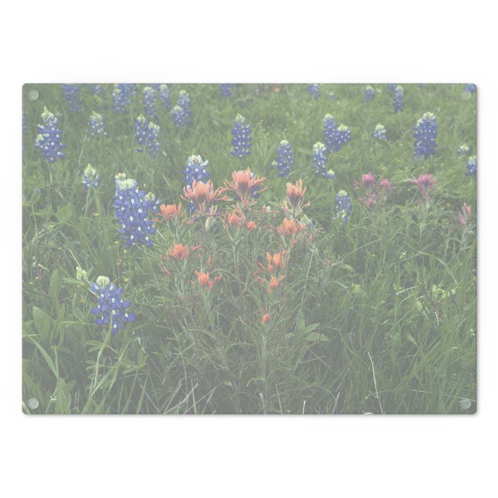 Tempered Glass Cutting Board - Texas Icons Bluebonnets and Paintbrushes - My Blu Horizon