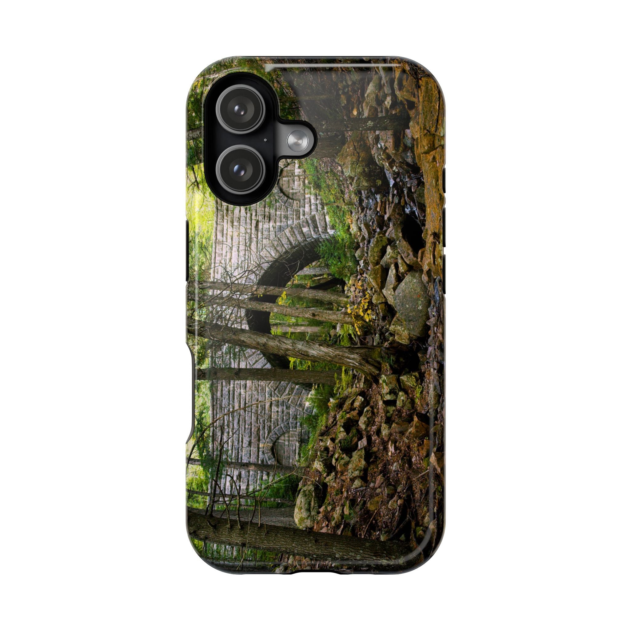 MagSafe Iphone Case showing Hemlock Bridge on Acadia’s historic Carriage Roads, surrounded by evergreen forest. Inspired by Rockefeller’s nature-focused design.