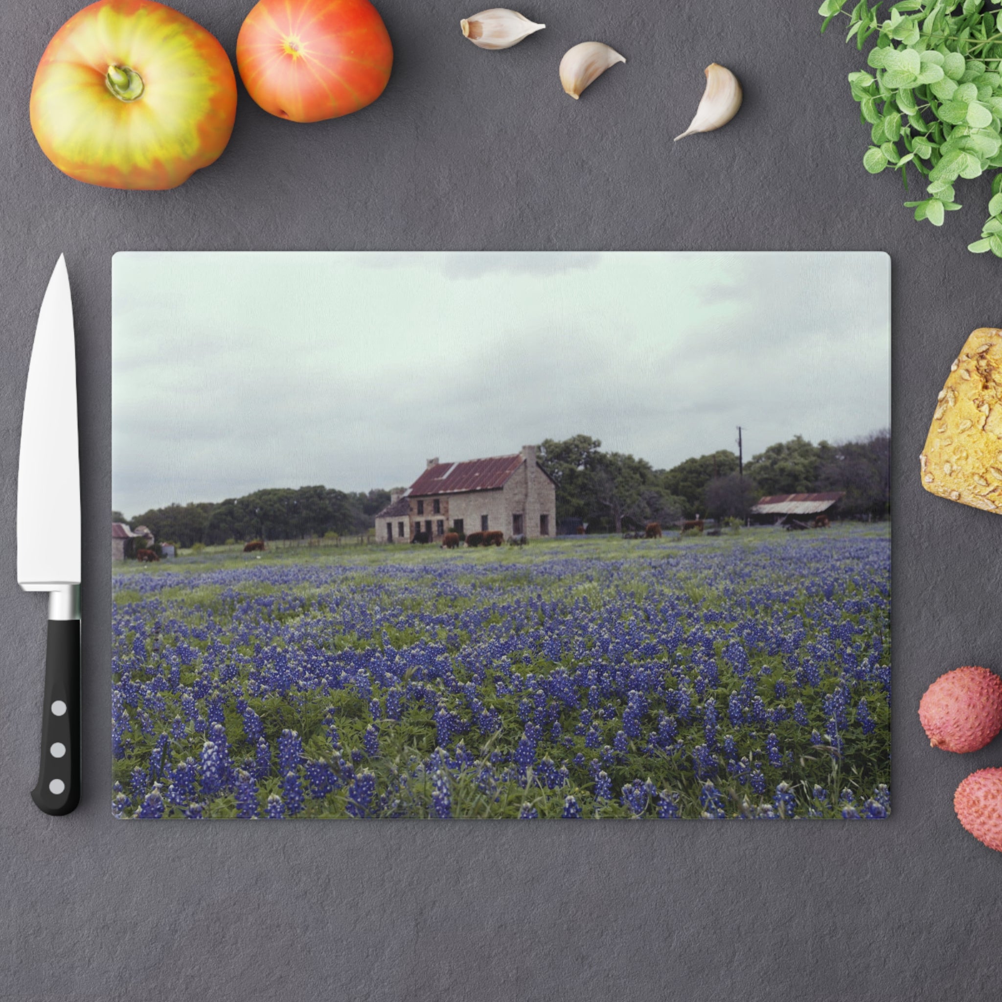 Tempered Glass Cutting Board - Texas Bluebonnets, Marble Falls House- My Blu Horizon